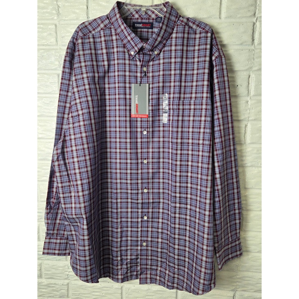 NWT Roundtree & Yorke TravelSmart Mens 2XB Big Blue Maroon Button Up Easy Care